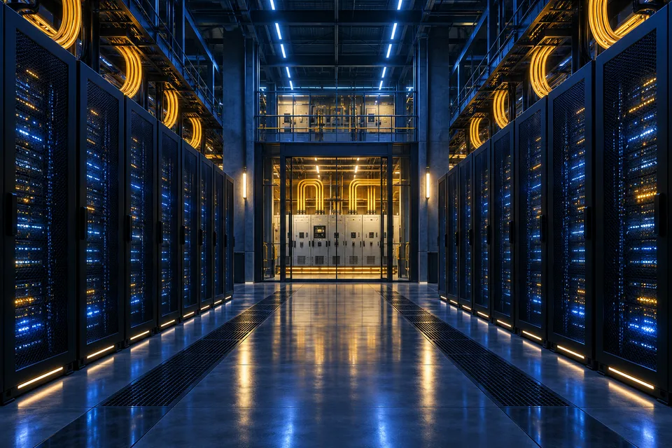 AI illustration of an imagined data center connected to a power network at dusk