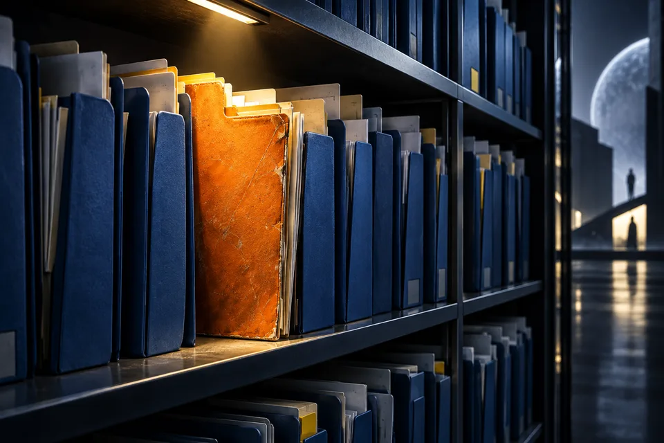 AI illustration of a digital archive with a highlighted document and branching search paths